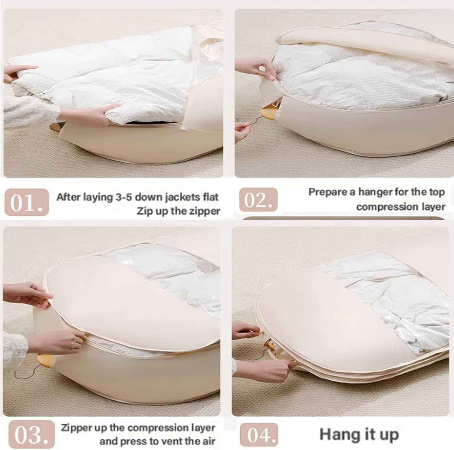 Otherwise Garment Bags For Hanging Clothes Space Saving With Self Compression Zipper, Otherwisie Storage Bags Dust Cover Clothes Bags For Down Coat For Closet Storage (Beige, M)