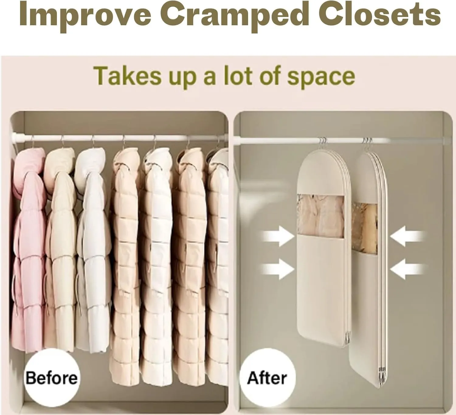 Otherwise Garment Bags For Hanging Clothes Space Saving With Self Compression Zipper, Otherwisie Storage Bags Dust Cover Clothes Bags For Down Coat For Closet Storage (Beige, M)
