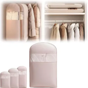 Otherwisie Space Saving Hanging Garment Bag with Self Compression Zipper, Space Saver Closet Organizers, Dust Cover Clothes Bags Travel Organizer for Down Coat Suit (Pink,M)