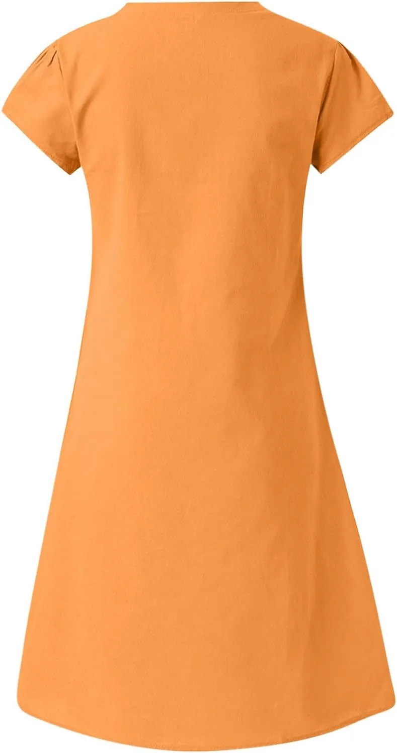 Oversize Women's Cotton Linen Midi Dresses Summer Solid Color Short Sleeve V-Neck Shirt Dresses Plus Size Beach Dress