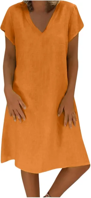 Oversize Women's Cotton Linen Midi Dresses Summer Solid Color Short Sleeve V-Neck Shirt Dresses Plus Size Beach Dress