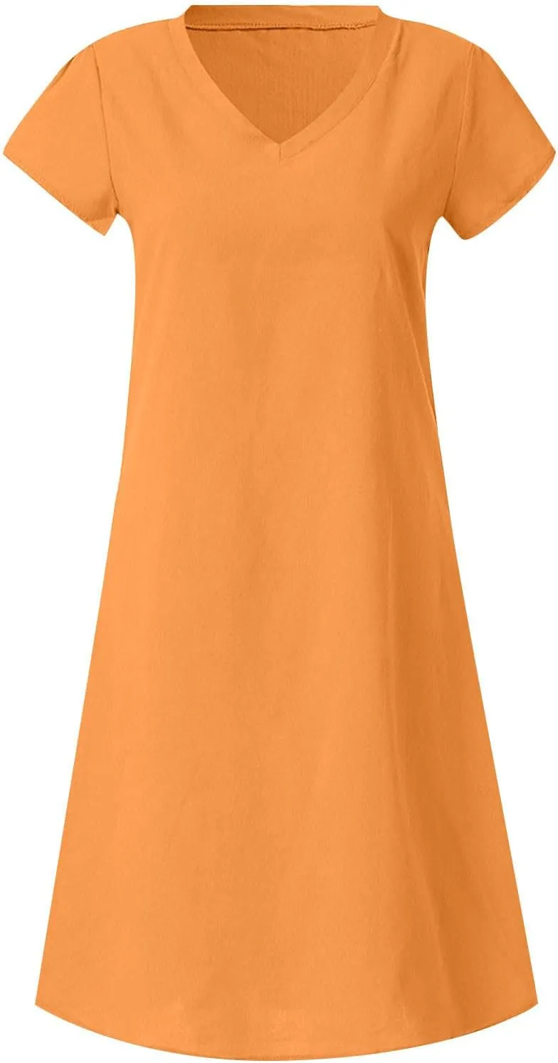 Oversize Women's Cotton Linen Midi Dresses Summer Solid Color Short Sleeve V-Neck Shirt Dresses Plus Size Beach Dress