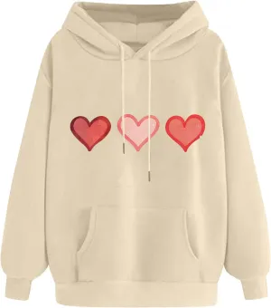 Oversized Sweatshirt for Women Funny Love Heart Print Hoodies Drop-shoulder Long Sleeve Pullover Tops with Pockets