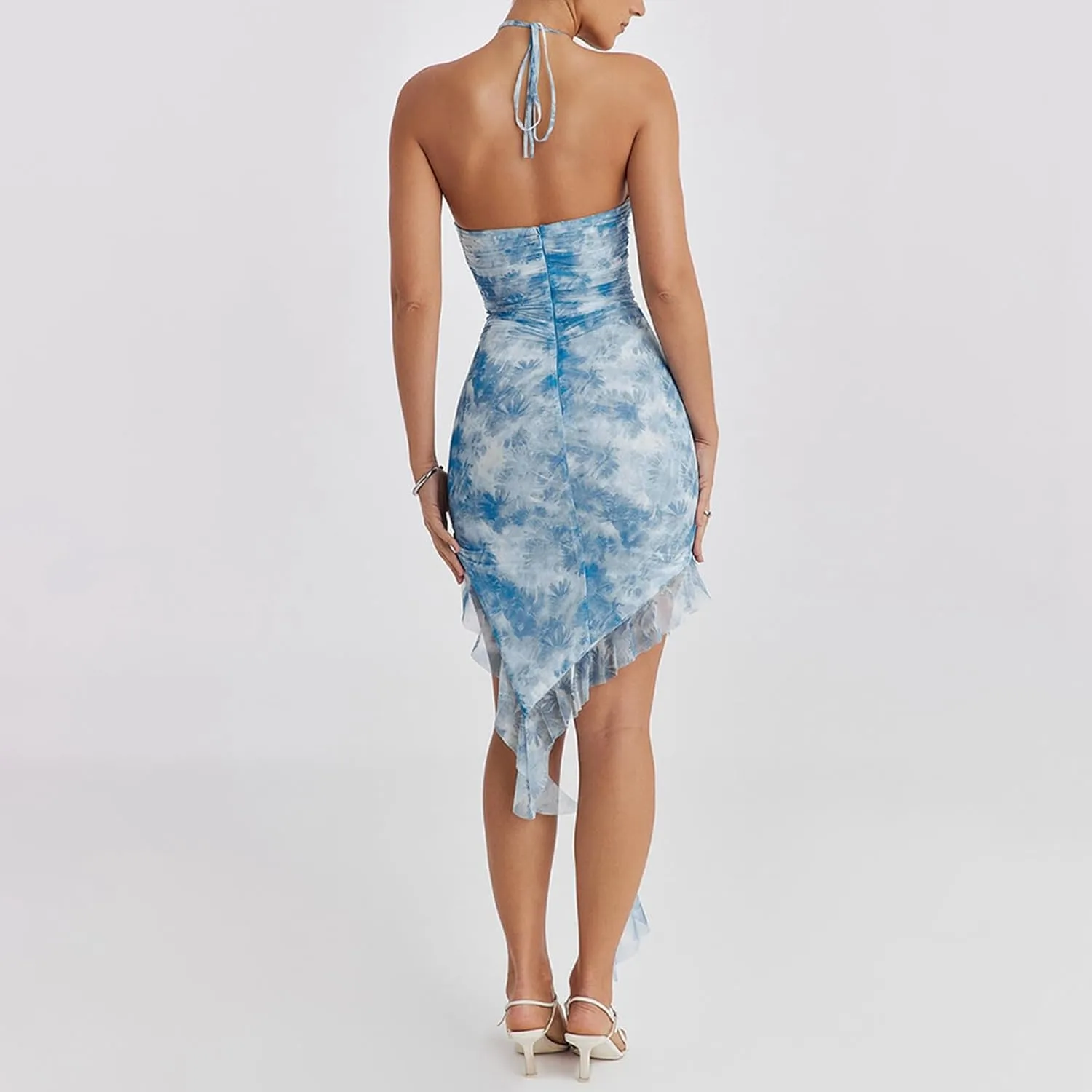 Owl's-Yard Women Y2k Floral Print Mini Dress Tie-Up Halter Neck Sleeveless Backless Irregular Ruffles Bodycon Dress
