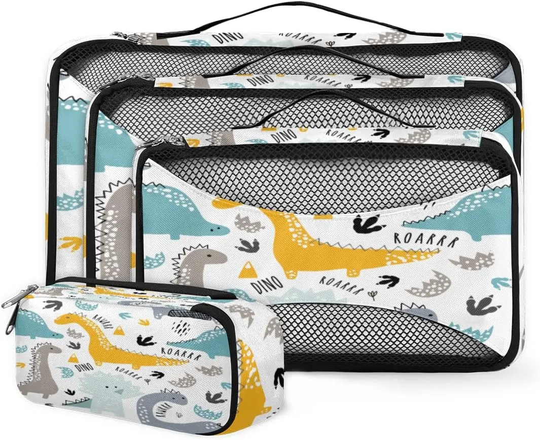 Packing Cubes for Travel, Childish Cartoon Dinosaur 4 Set Packing Organizers Luggage Packing Cubes for Carry on Suitcase, Travel Essentials Accessories