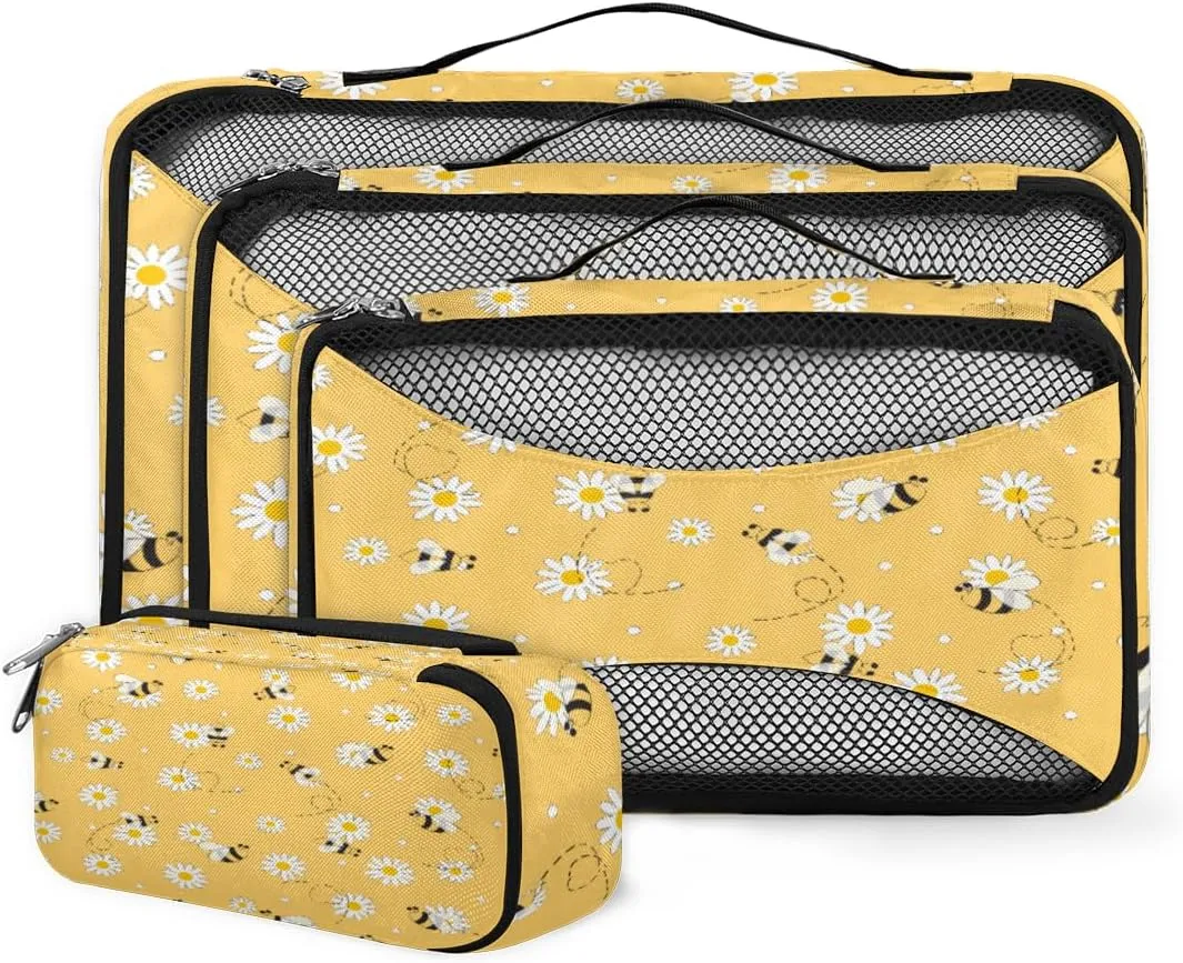 Packing Cubes for Travel, Cute Yellow Bee Daisy Flower 4 Set Packing Organizers Luggage Packing Cubes for Carry on Suitcase, Travel Essentials Accessories