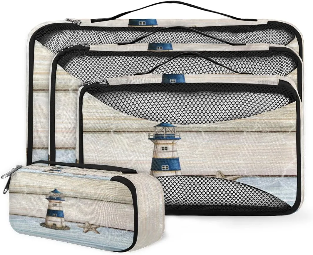 Packing Cubes for Travel, Sea Lighthouse Starfish 4 Set Packing Organizers Luggage Packing Cubes for Carry on Suitcase, Travel Essentials Accessories
