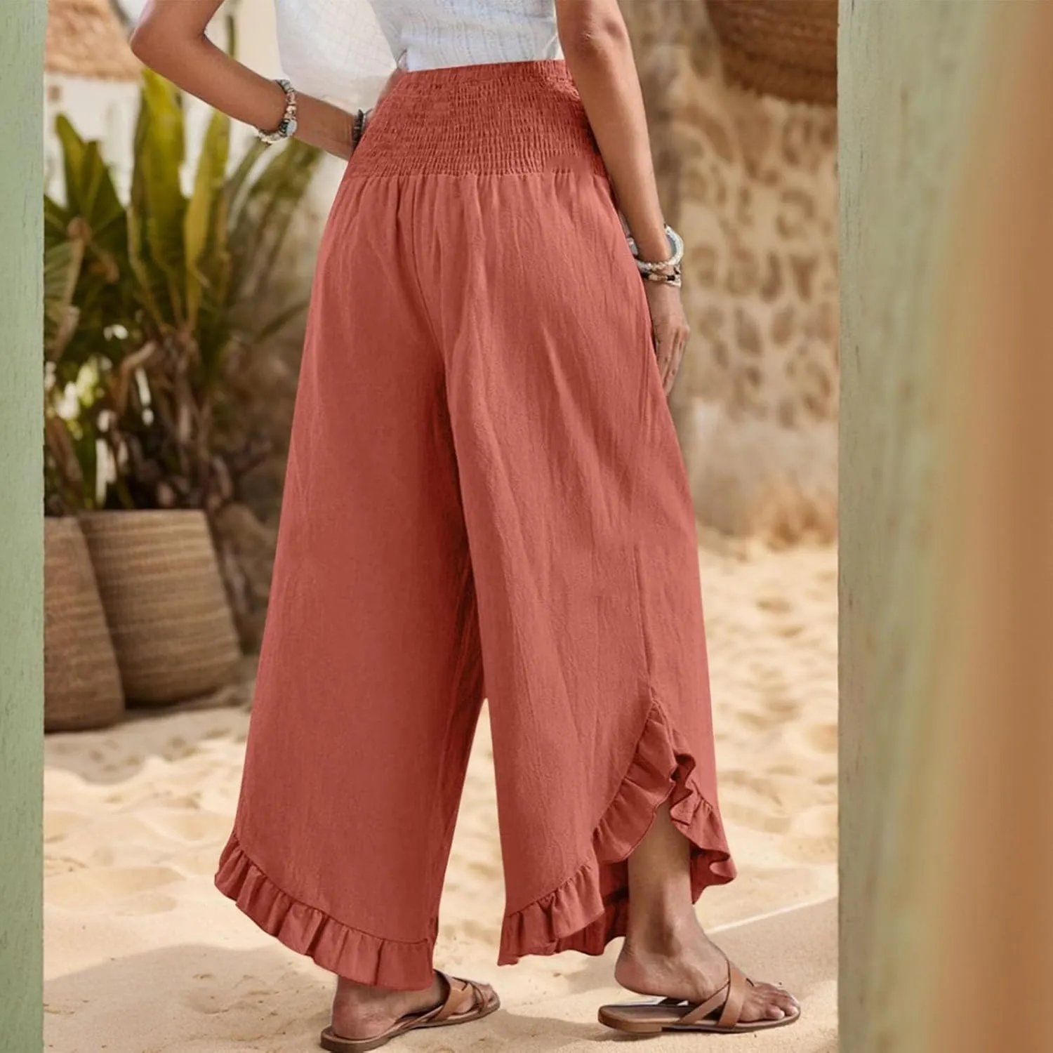 Palazzo Pants for Women Casual Linen Wide Leg Stretch Smocked High Waisted Ruffle Hem Slacks Summer Beach Pant with Pockets
