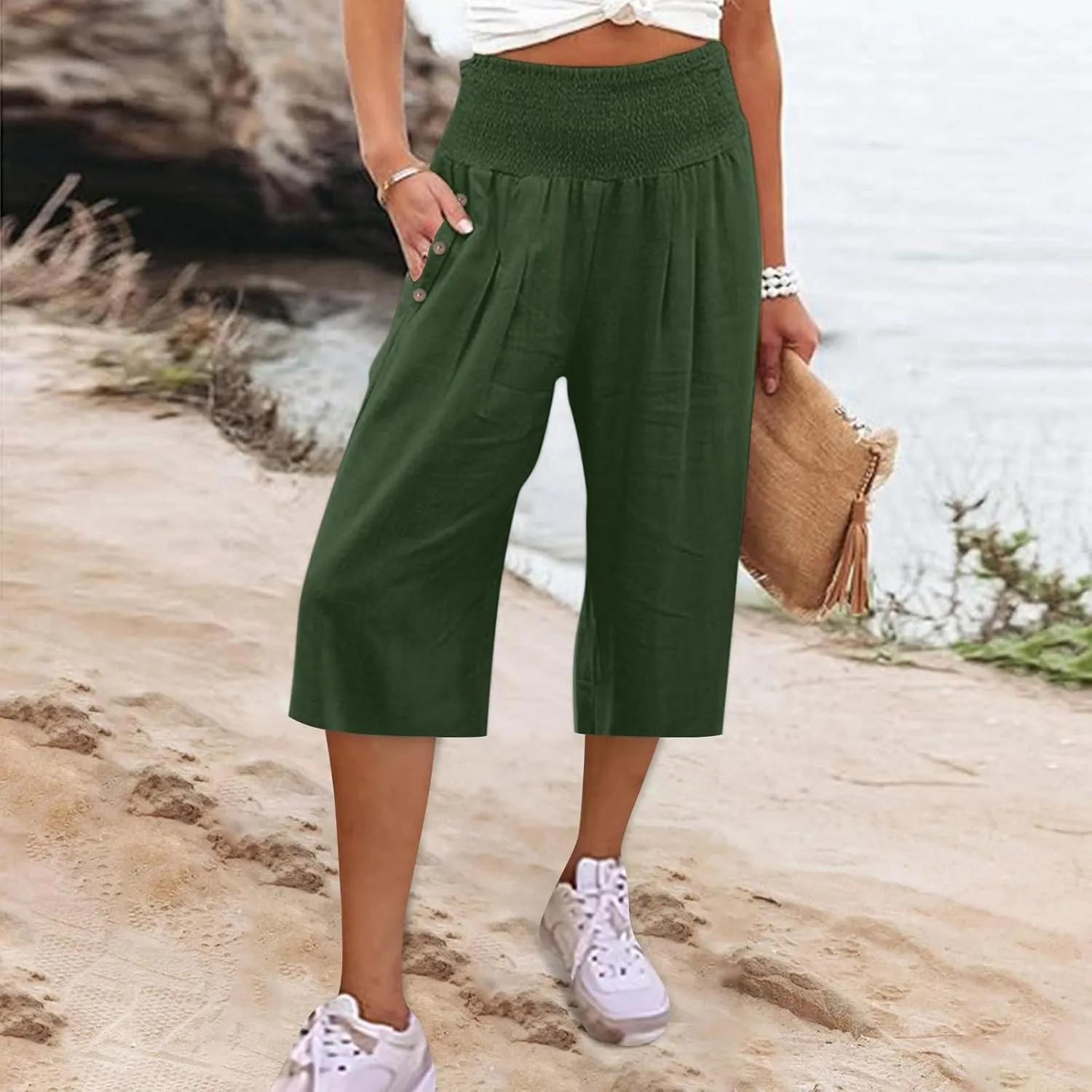 Pants for Women, Capri Pants Tummy Control with Pockets High Waist Wide