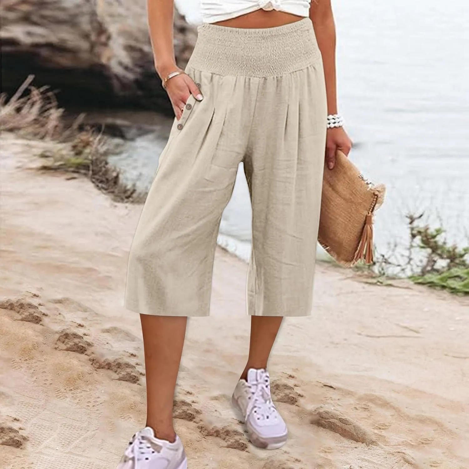 Pants for Women, Capri Pants Tummy Control with Pockets High Waist Wide