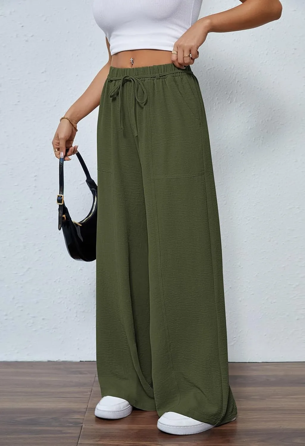 Pink Queen Womens Casual High Waist Pants Drawstring Loose Fit Summer Work Pants Trousers with Side Pockets
