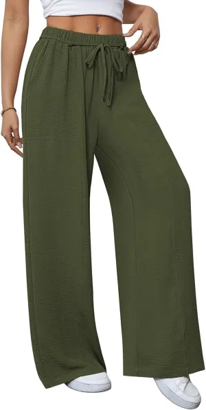 Pink Queen Womens Casual High Waist Pants Drawstring Loose Fit Summer Work Pants Trousers with Side Pockets
