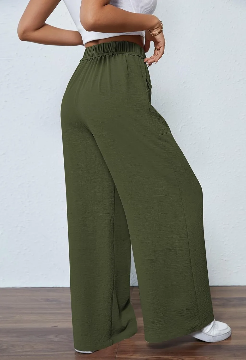 Pink Queen Womens Casual High Waist Pants Drawstring Loose Fit Summer Work Pants Trousers with Side Pockets