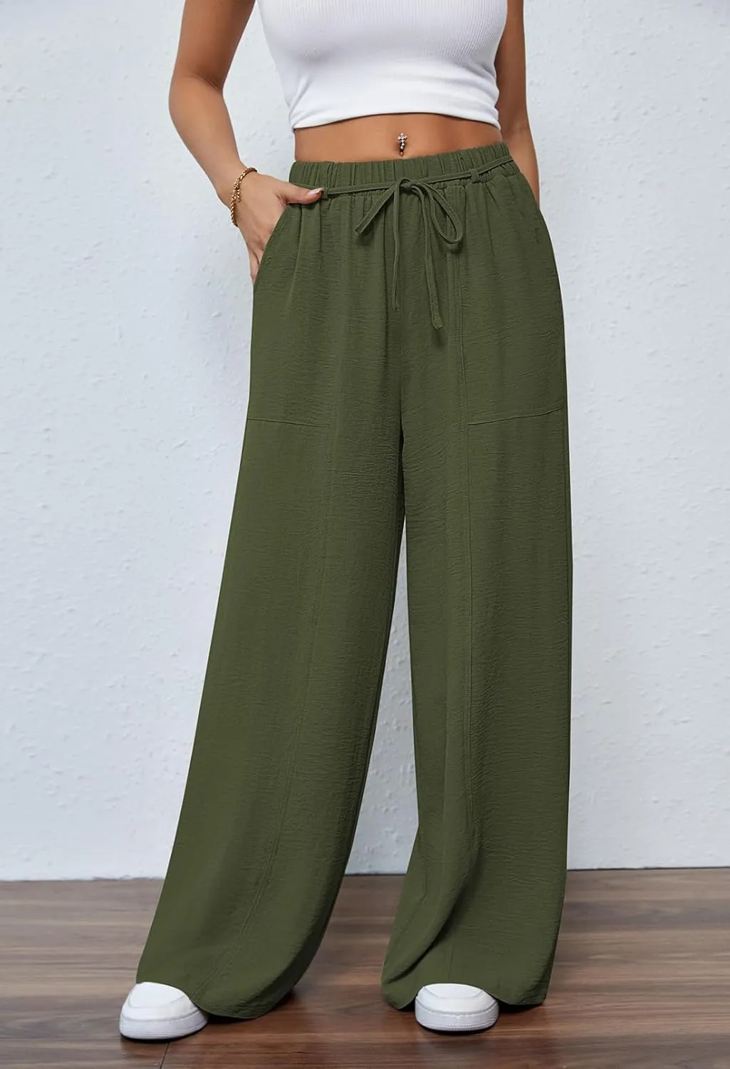 Pink Queen Womens Casual High Waist Pants Drawstring Loose Fit Summer Work Pants Trousers with Side Pockets