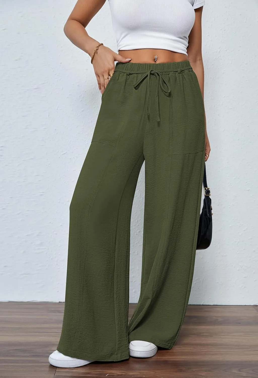 Pink Queen Womens Casual High Waist Pants Drawstring Loose Fit Summer Work Pants Trousers with Side Pockets