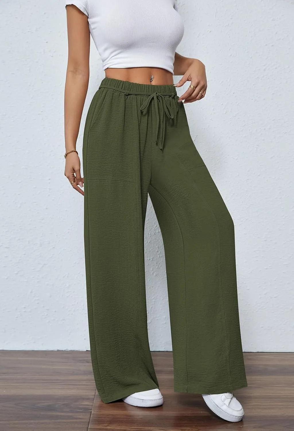 Pink Queen Womens Casual High Waist Pants Drawstring Loose Fit Summer Work Pants Trousers with Side Pockets