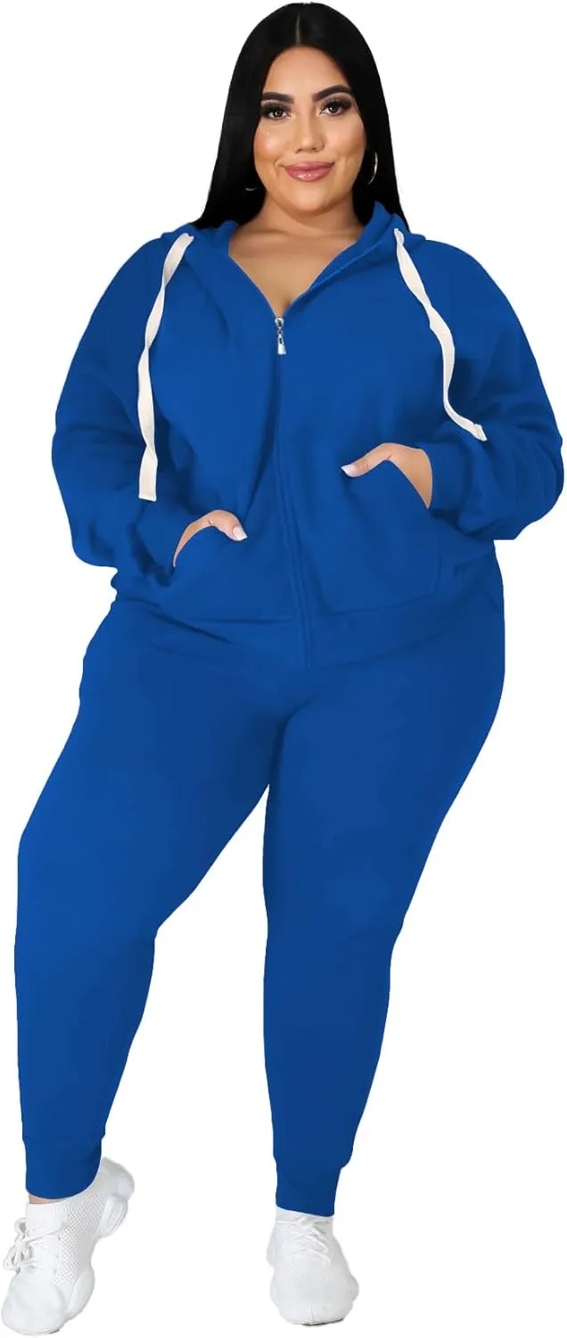 PINSV Women Plus Size 2 Piece Outfits Sweatsuits Hooded Tracksuit Jogging Suits