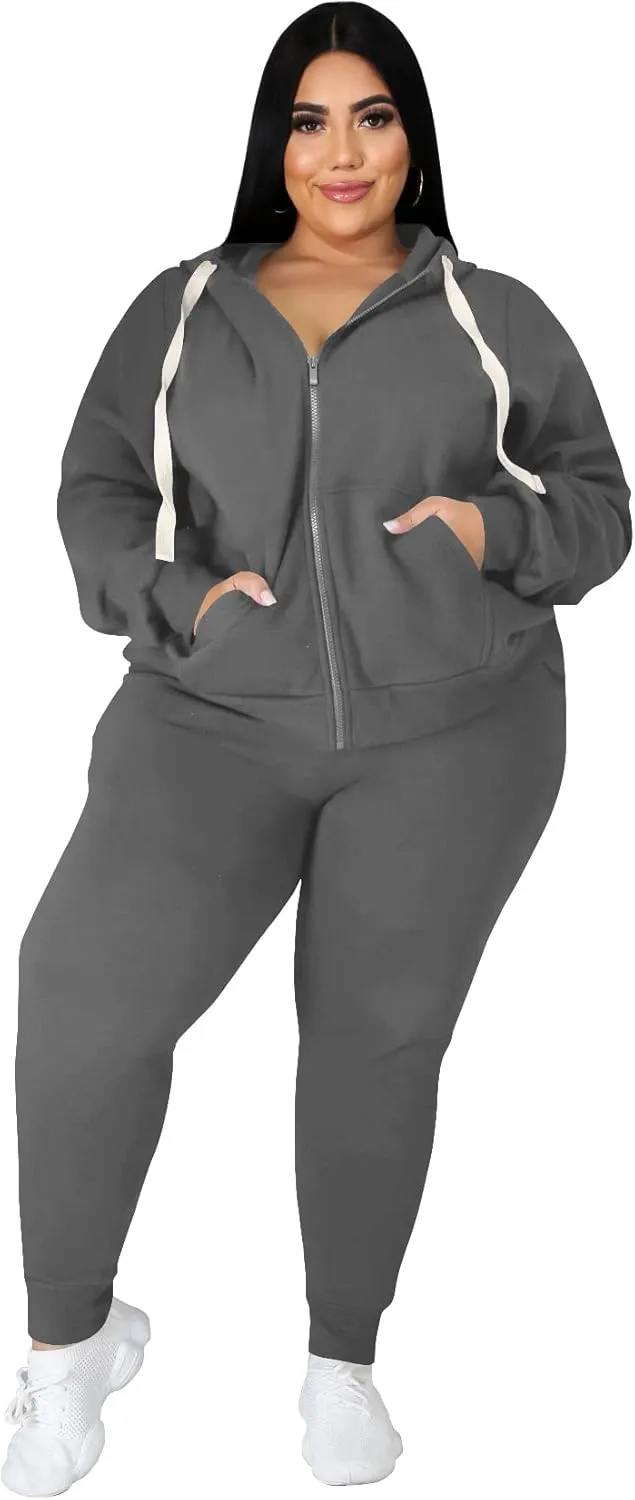 PINSV Women Plus Size 2 Piece Outfits Sweatsuits Hooded Tracksuit Jogging Suits