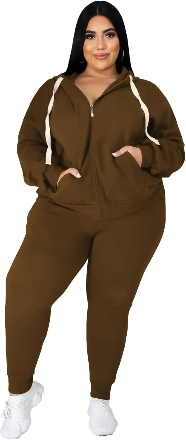 PINSV Women Plus Size 2 Piece Outfits Sweatsuits Hooded Tracksuit Jogging Suits