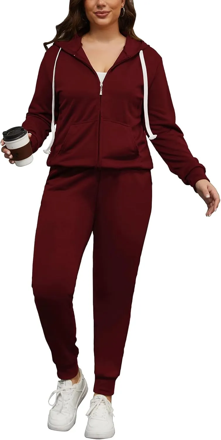 PINSV Women Plus Size 2 Piece Outfits Sweatsuits Hooded Tracksuit Jogging Suits