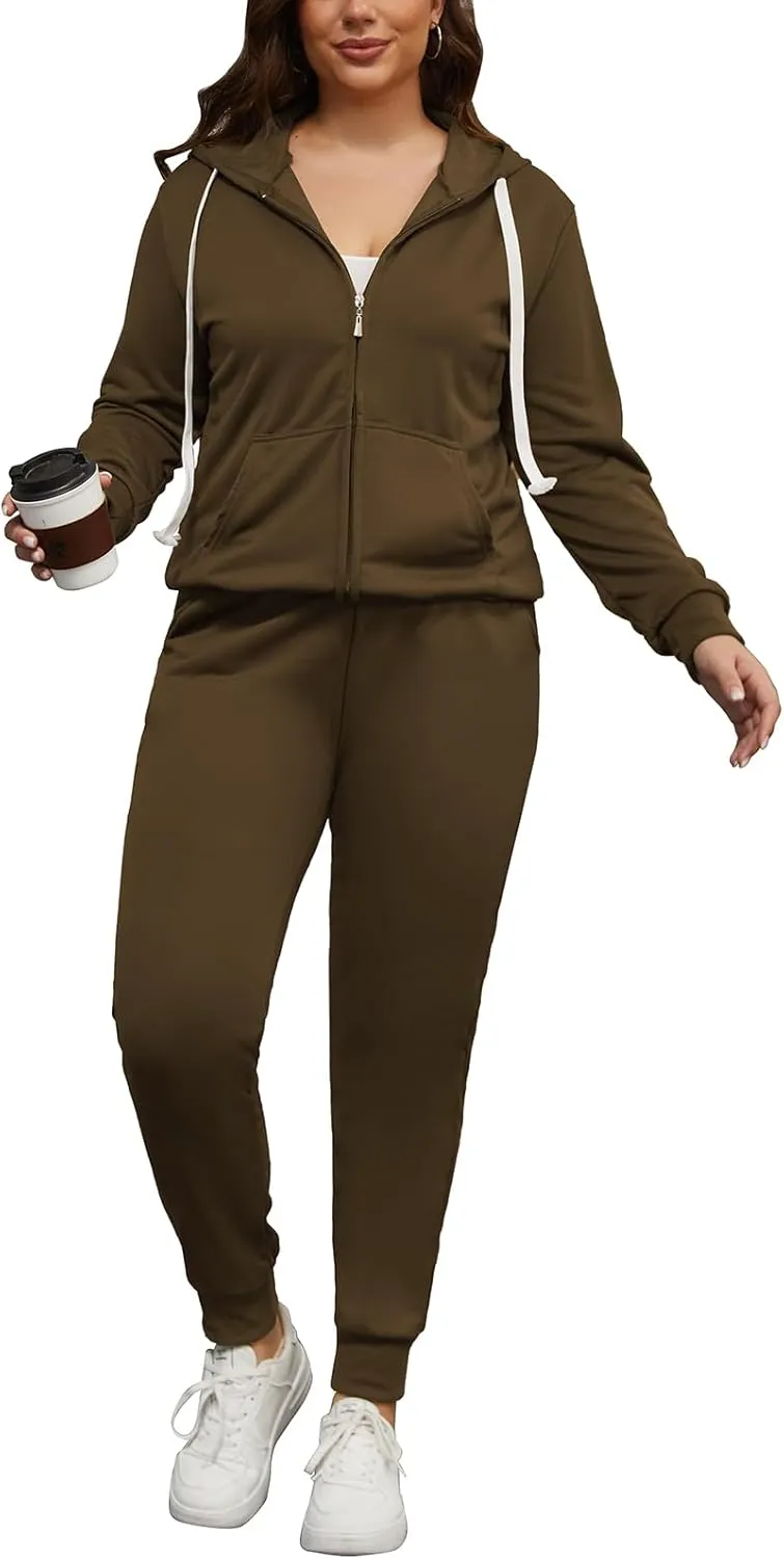 PINSV Women Plus Size 2 Piece Outfits Sweatsuits Hooded Tracksuit Jogging Suits