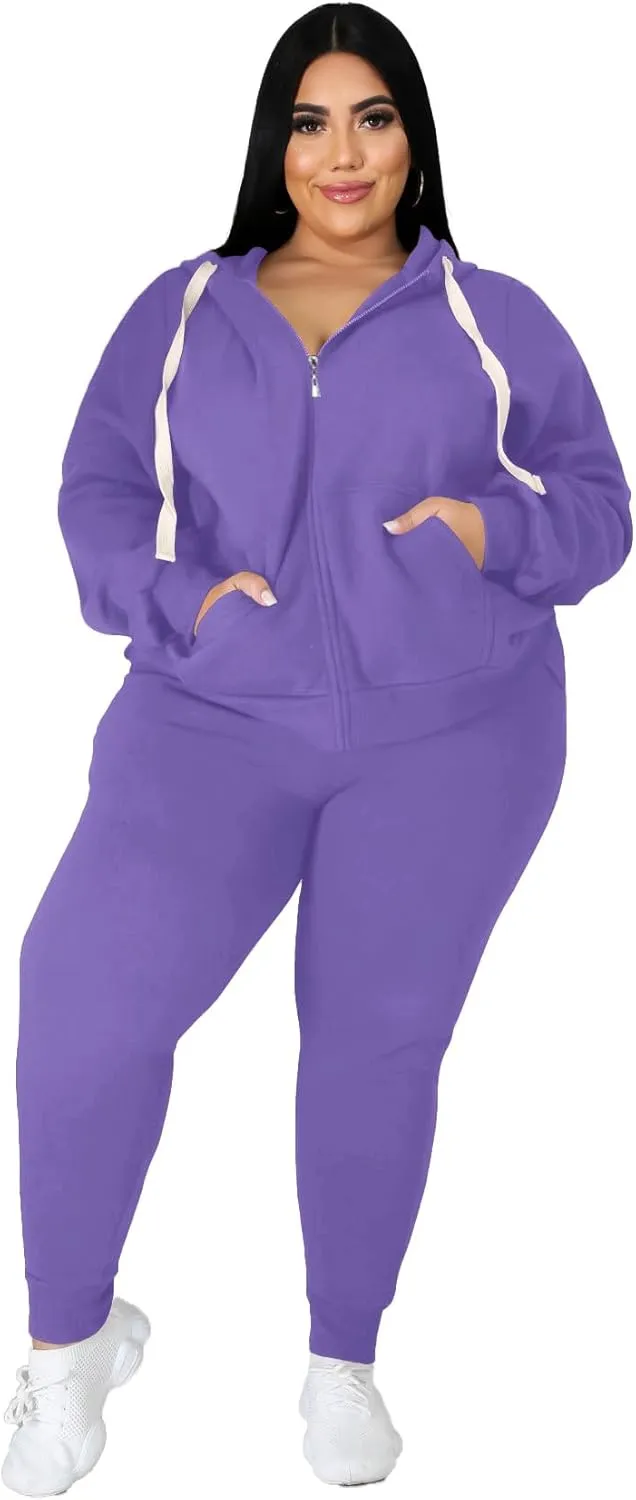 PINSV Women Plus Size 2 Piece Outfits Sweatsuits Hooded Tracksuit Jogging Suits