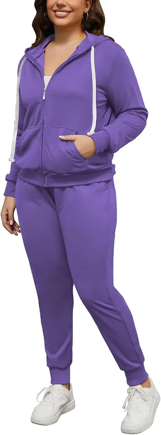PINSV Women Plus Size 2 Piece Outfits Sweatsuits Hooded Tracksuit Jogging Suits