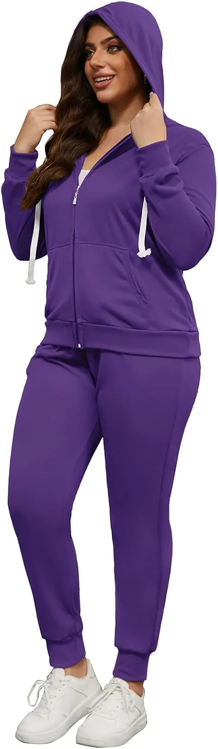 PINSV Women Plus Size 2 Piece Outfits Sweatsuits Hooded Tracksuit Jogging Suits