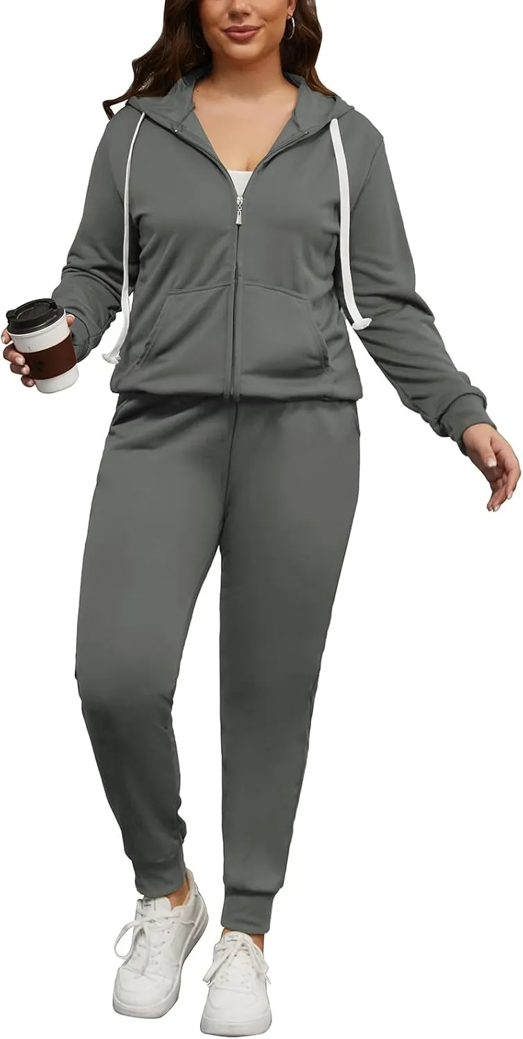 PINSV Women Plus Size 2 Piece Outfits Sweatsuits Hooded Tracksuit Jogging Suits