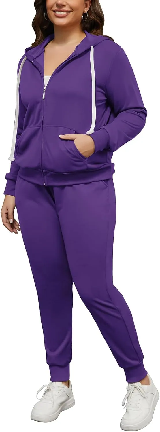 PINSV Women Plus Size 2 Piece Outfits Sweatsuits Hooded Tracksuit Jogging Suits