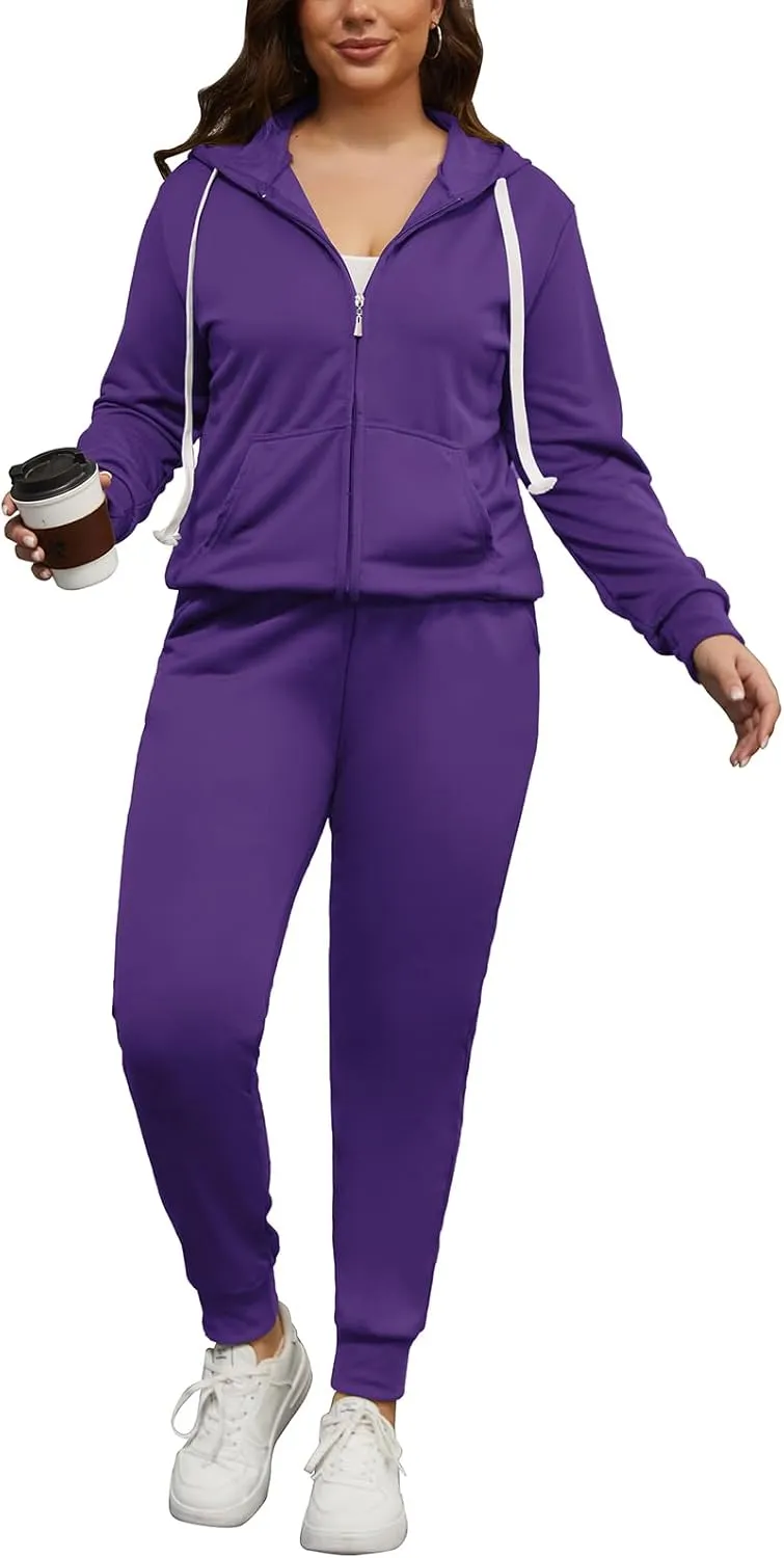 PINSV Women Plus Size 2 Piece Outfits Sweatsuits Hooded Tracksuit Jogging Suits
