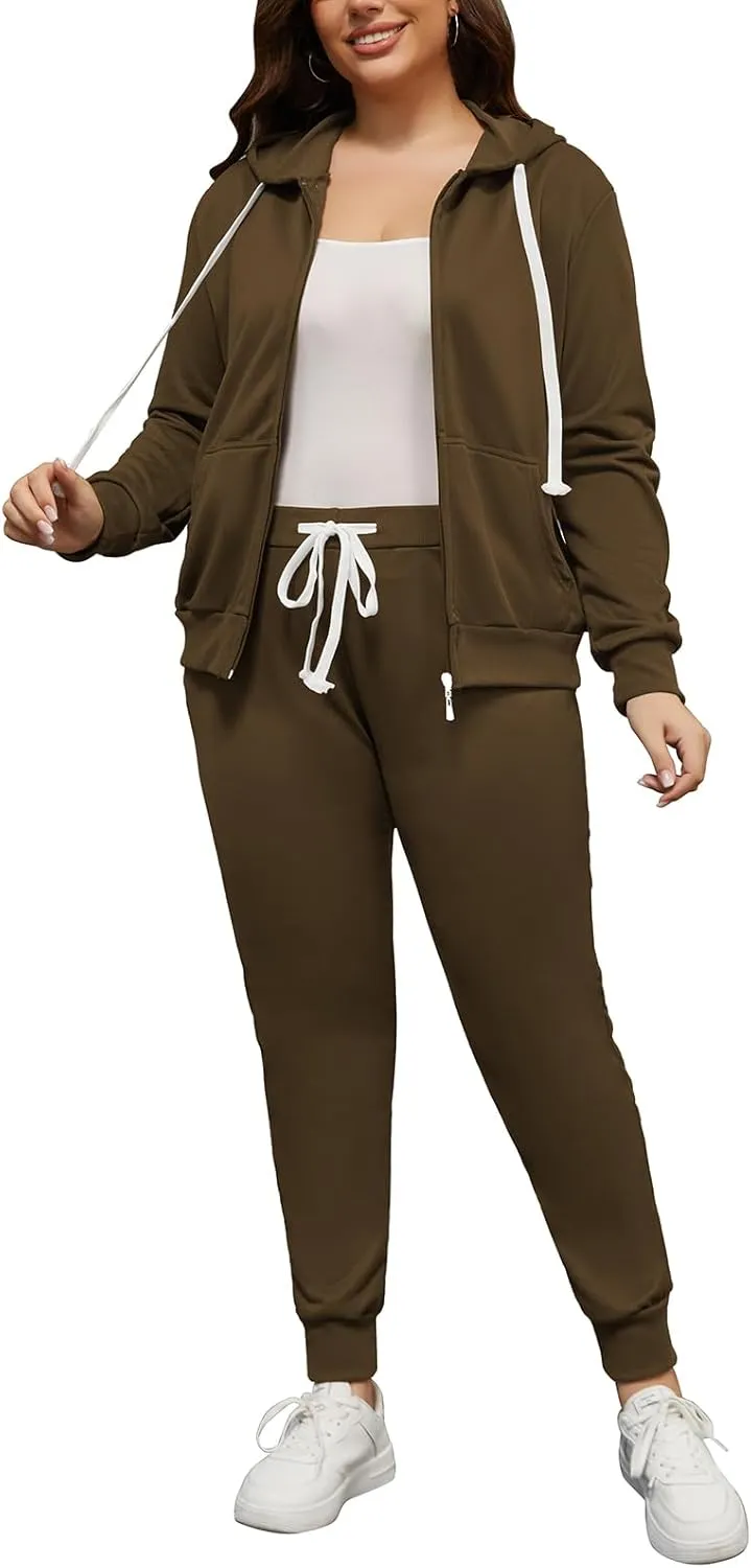 PINSV Women Plus Size 2 Piece Outfits Sweatsuits Hooded Tracksuit Jogging Suits