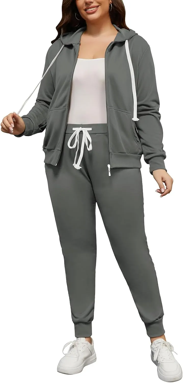 PINSV Women Plus Size 2 Piece Outfits Sweatsuits Hooded Tracksuit Jogging Suits