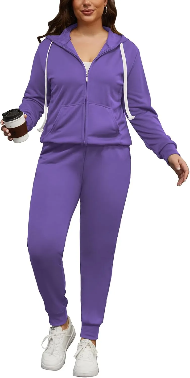PINSV Women Plus Size 2 Piece Outfits Sweatsuits Hooded Tracksuit Jogging Suits