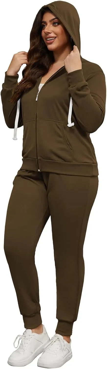 PINSV Women Plus Size 2 Piece Outfits Sweatsuits Hooded Tracksuit Jogging Suits