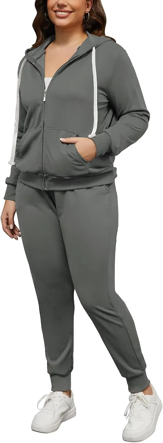 PINSV Women Plus Size 2 Piece Outfits Sweatsuits Hooded Tracksuit Jogging Suits