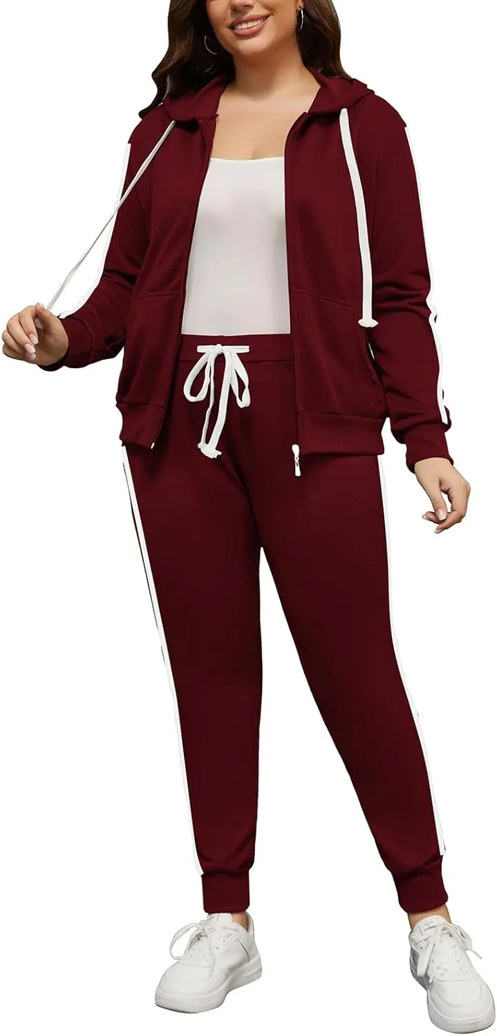 PINSV Women Plus Size 2 Piece Outfits Sweatsuits Hooded Tracksuit Jogging Suits