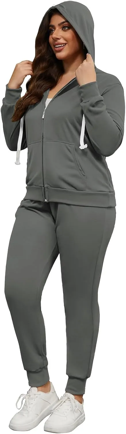PINSV Women Plus Size 2 Piece Outfits Sweatsuits Hooded Tracksuit Jogging Suits