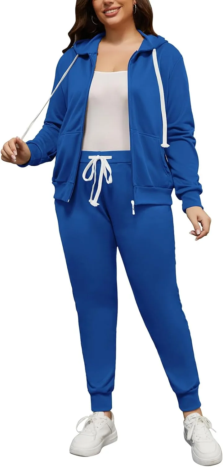 PINSV Women Plus Size 2 Piece Outfits Sweatsuits Hooded Tracksuit Jogging Suits
