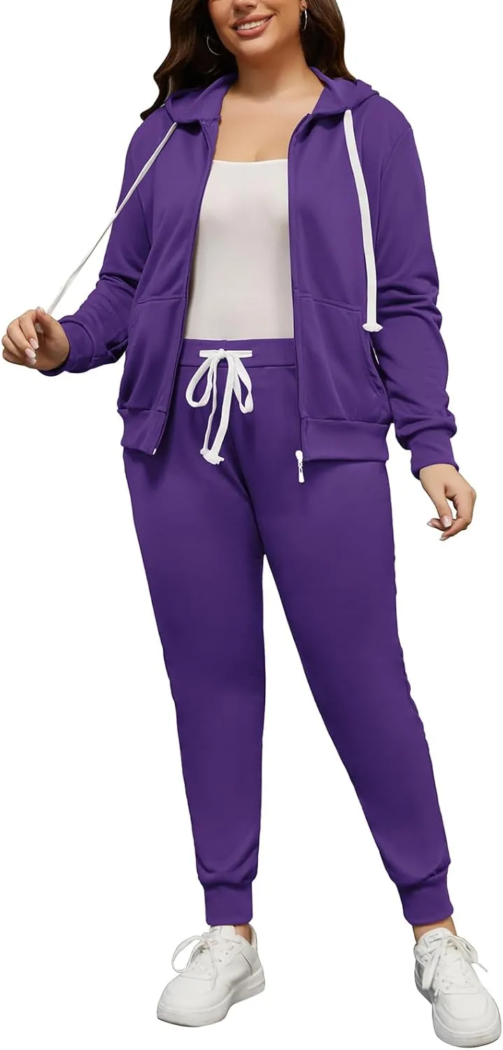 PINSV Women Plus Size 2 Piece Outfits Sweatsuits Hooded Tracksuit Jogging Suits