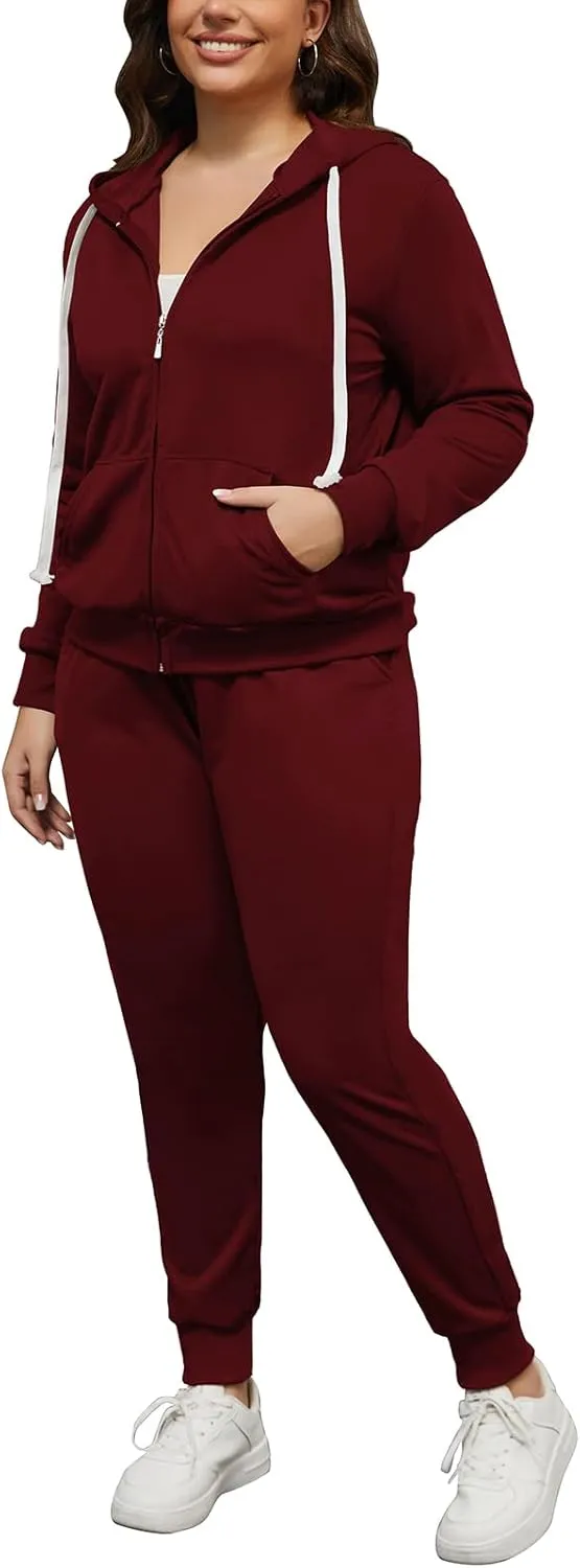 PINSV Women Plus Size 2 Piece Outfits Sweatsuits Hooded Tracksuit Jogging Suits
