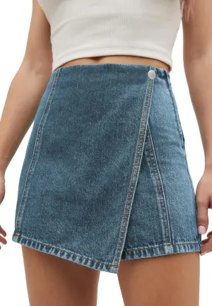 PLNOTME Womens Denim Skorts High Waisted Casual Summer Asymmetrical Hem Stretchy Criss Cross Jean Skirt Shorts