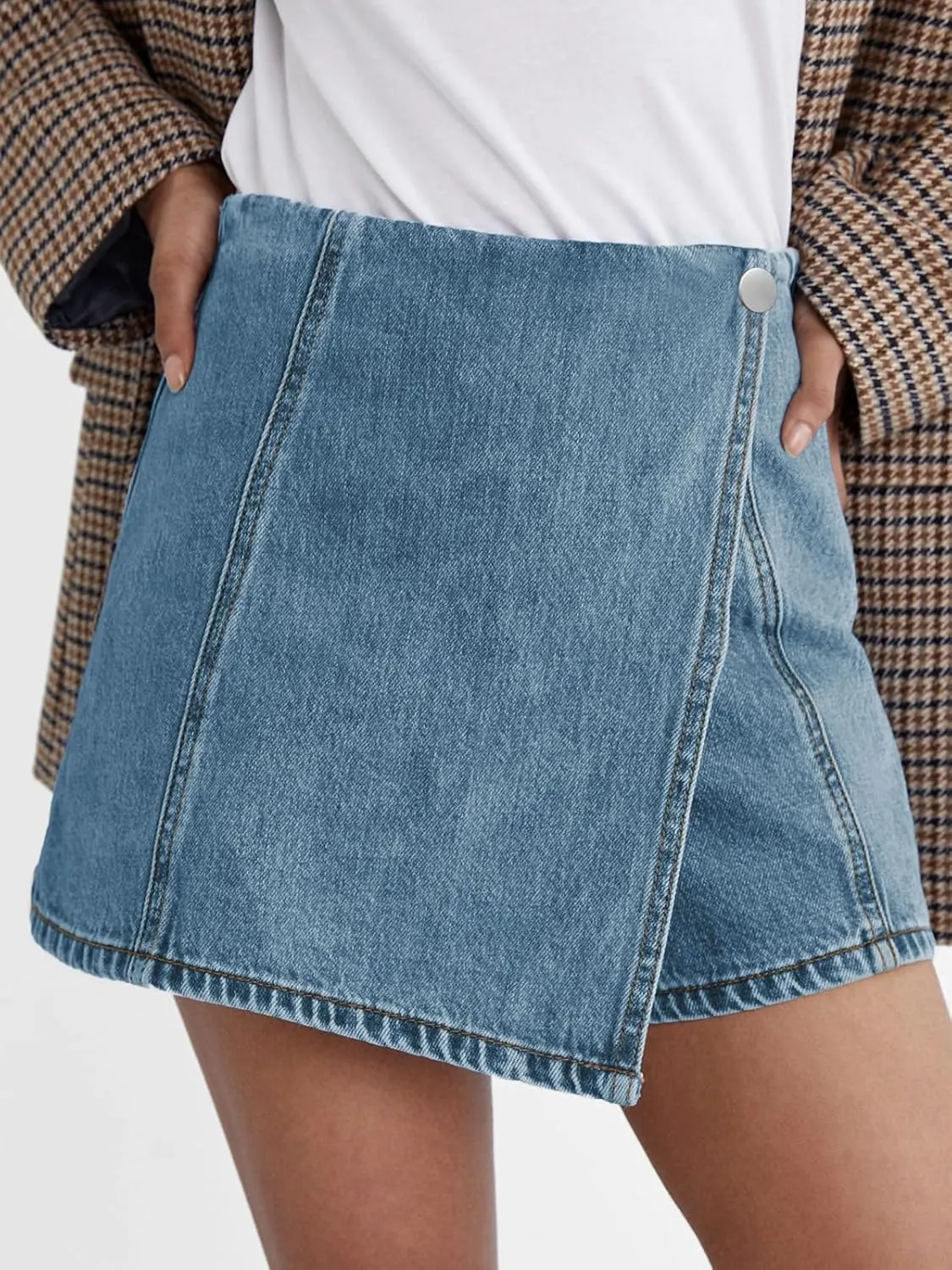 PLNOTME Womens Denim Skorts High Waisted Casual Summer Asymmetrical Hem Stretchy Criss Cross Jean Skirt Shorts