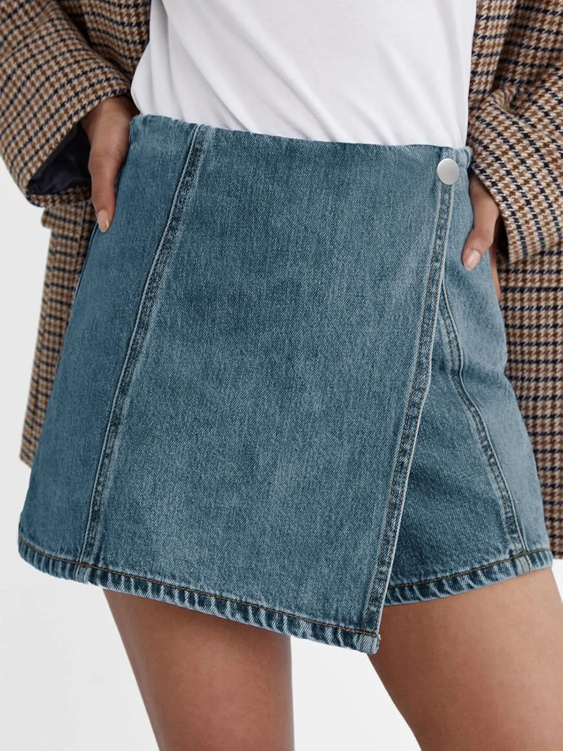 PLNOTME Womens Denim Skorts High Waisted Casual Summer Asymmetrical Hem Stretchy Criss Cross Jean Skirt Shorts