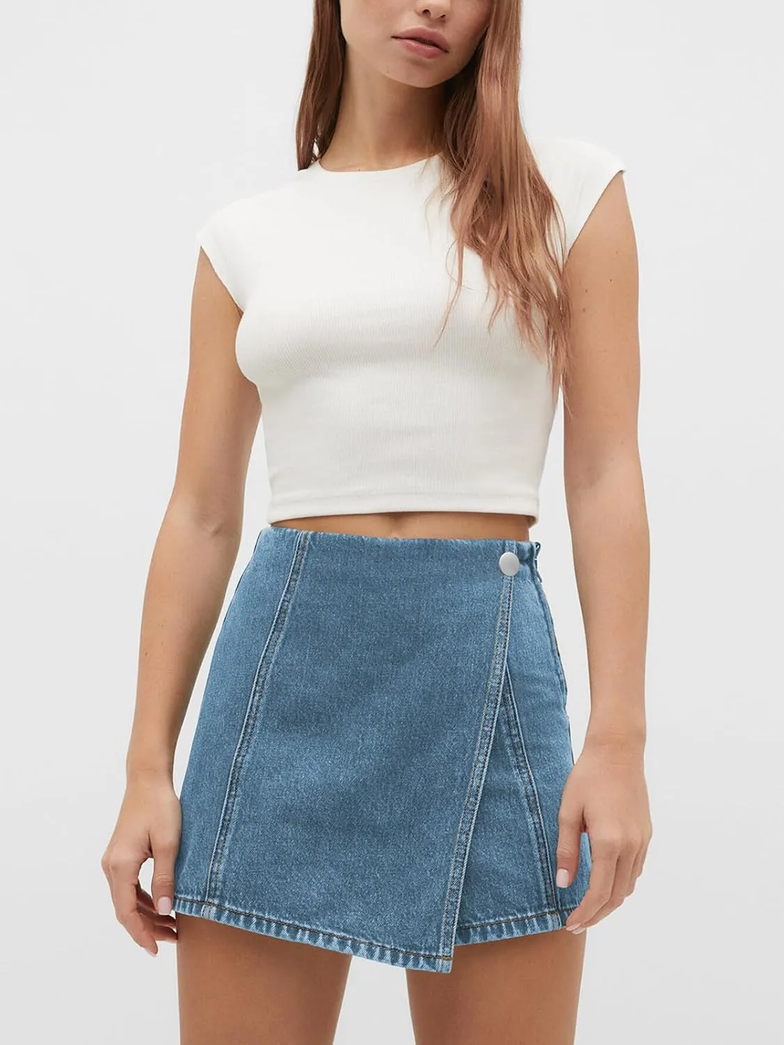 PLNOTME Womens Denim Skorts High Waisted Casual Summer Asymmetrical Hem Stretchy Criss Cross Jean Skirt Shorts