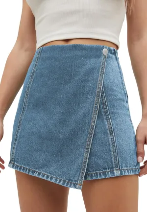 PLNOTME Womens Denim Skorts High Waisted Casual Summer Asymmetrical Hem Stretchy Criss Cross Jean Skirt Shorts