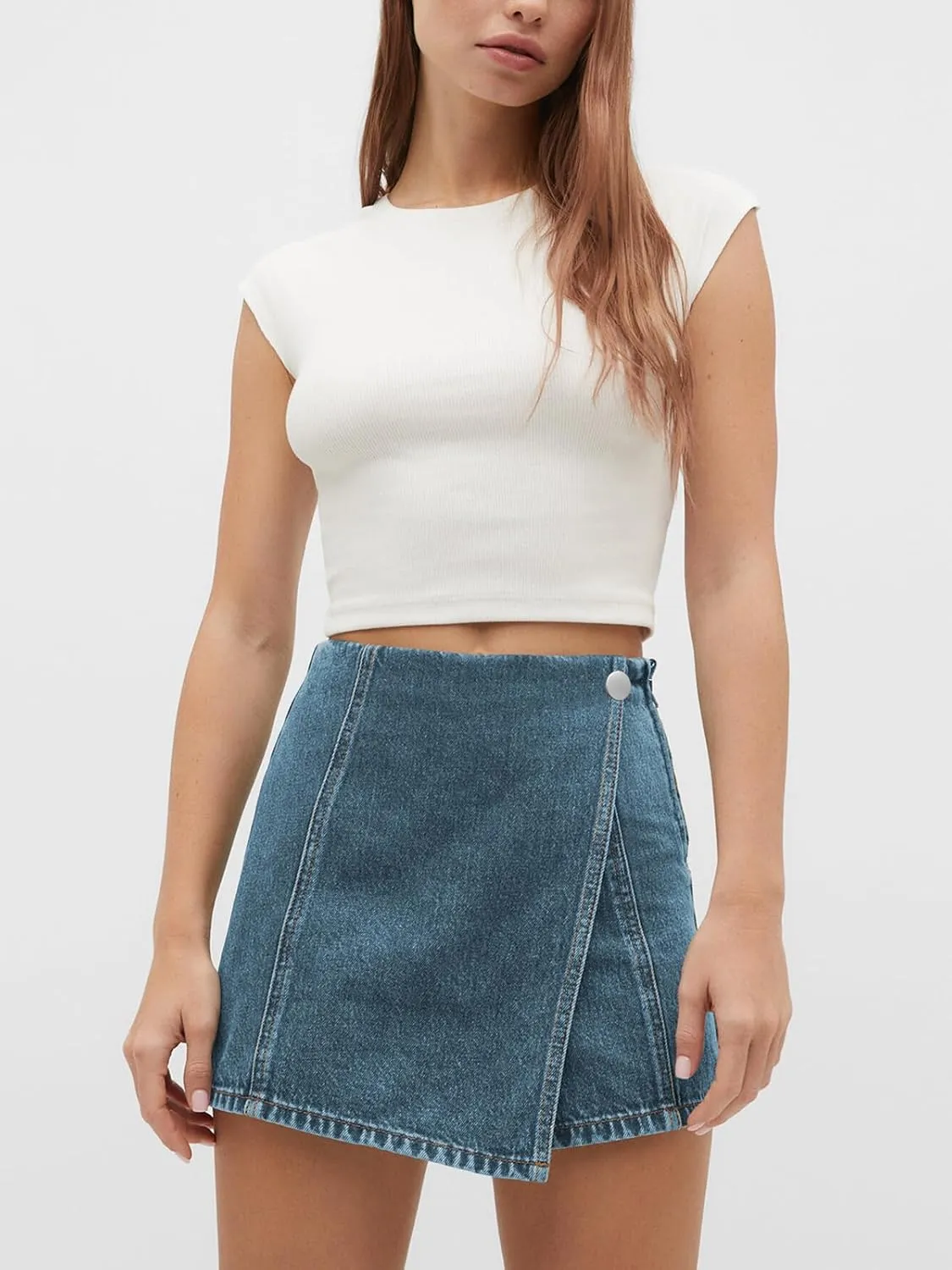 PLNOTME Womens Denim Skorts High Waisted Casual Summer Asymmetrical Hem Stretchy Criss Cross Jean Skirt Shorts