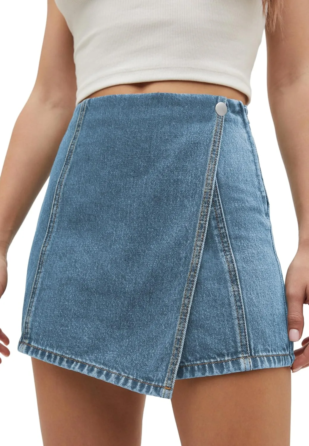 PLNOTME Womens Denim Skorts High Waisted Casual Summer Asymmetrical Hem Stretchy Criss Cross Jean Skirt Shorts