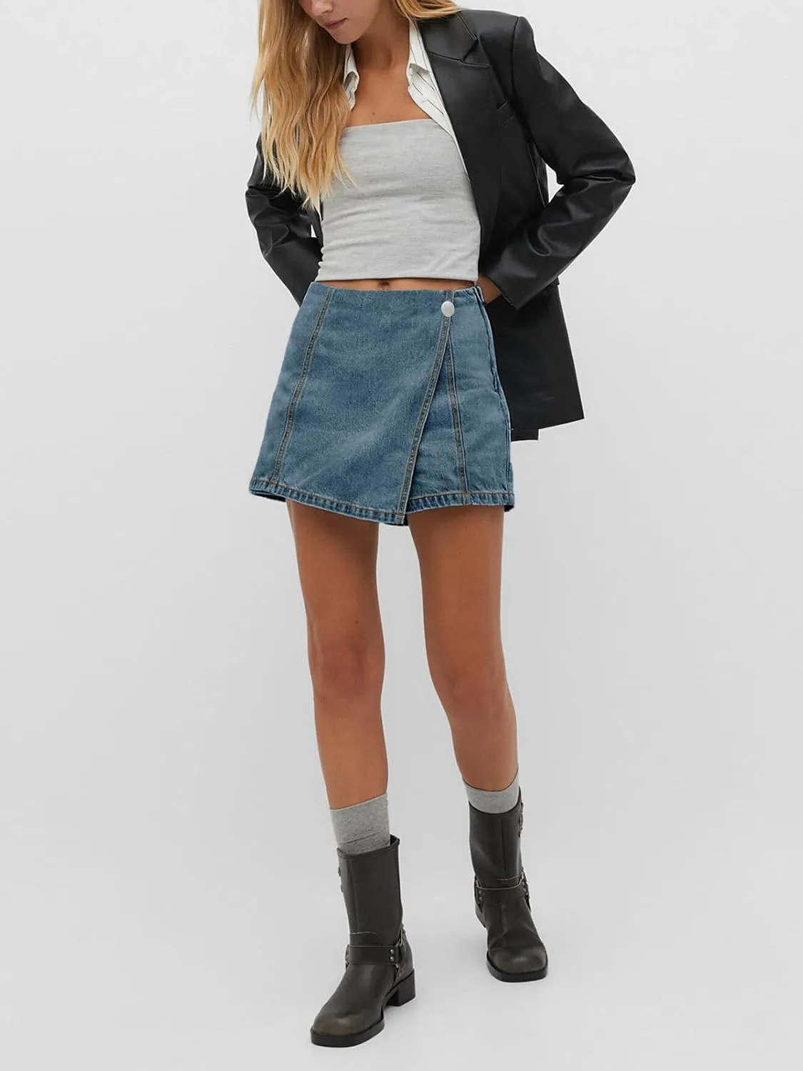 PLNOTME Womens Denim Skorts High Waisted Casual Summer Asymmetrical Hem Stretchy Criss Cross Jean Skirt Shorts