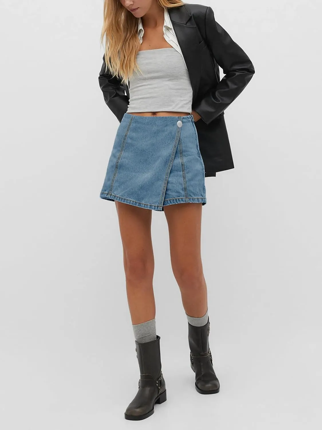 PLNOTME Womens Denim Skorts High Waisted Casual Summer Asymmetrical Hem Stretchy Criss Cross Jean Skirt Shorts